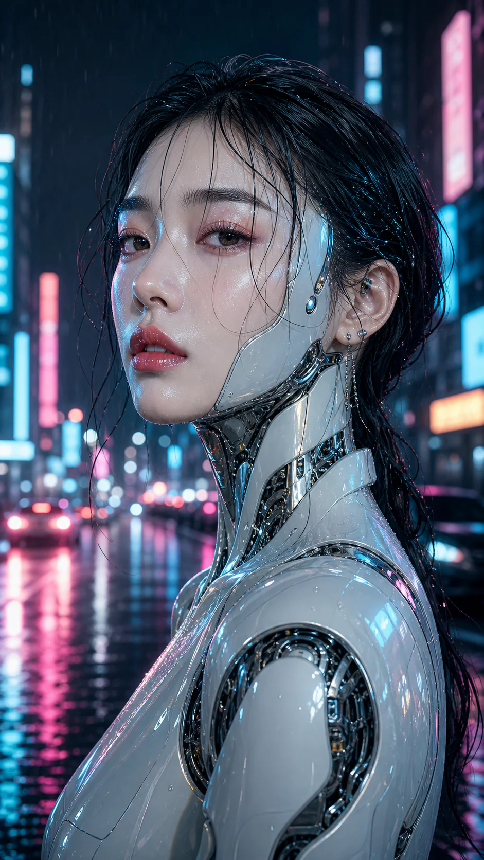 Korean robot beauty campaign in cyberpunk rain